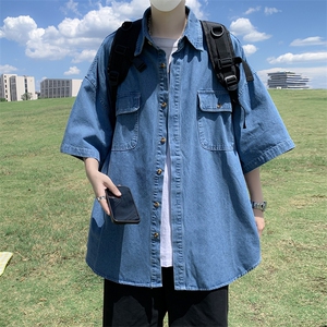 港风复古牛仔衬衫男夏新款短袖衬衣宽松休闲工装外套 W3421-P40图片