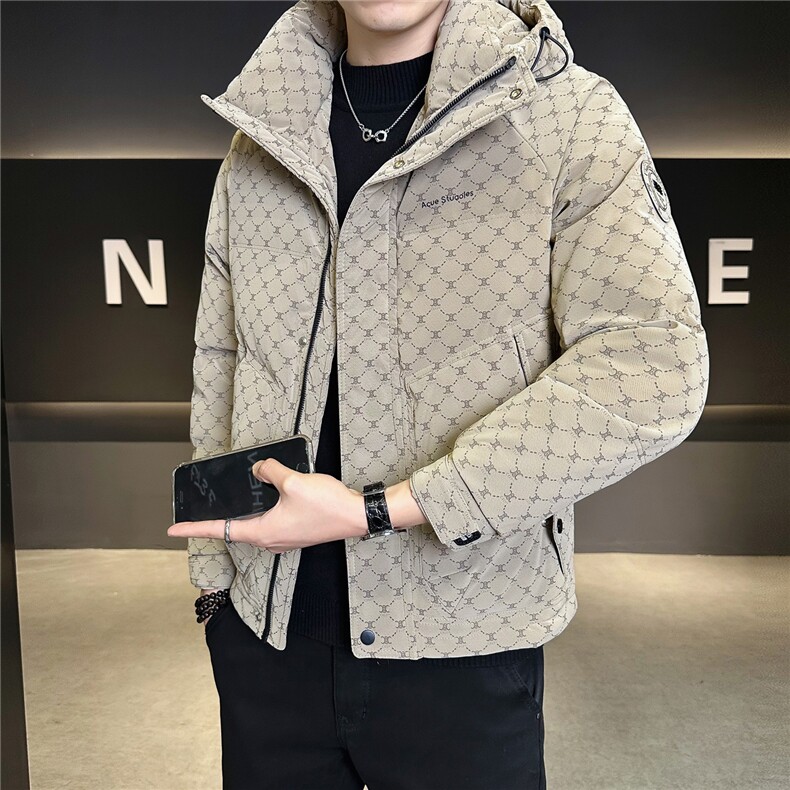 68828-M-4XL-P225-标50店主风男士休闲满印印花连帽皮质羽绒服图片
