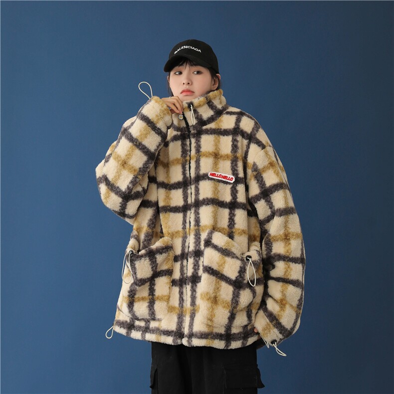 黄色格子羊羔毛大口袋外套男女冬季宽松短款加厚棉服mj400-p138,男装夹克,电商B288