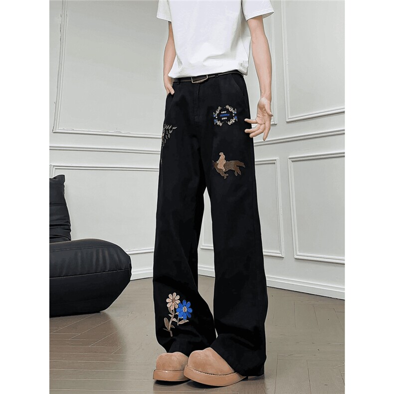 潮牌设计感刺绣牛仔裤男春秋季美式痞帅vibe裤子直筒宽松微喇长裤，男装牛仔裤，星座506A