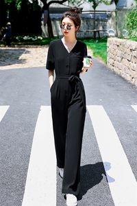 欧货高级感西装连体裤女2024夏季新款韩版高腰显瘦V领阔腿连衣裤图片