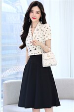 2022夏装新款气质淑女短款印花翻领上衣搭配半身裙两件套，女装套装/套裙，芭米依尚