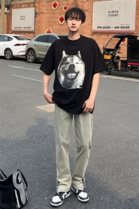 直筒牛仔裤男女同款春夏潮流复古显瘦拼接设计感百搭长裤786-P50图片