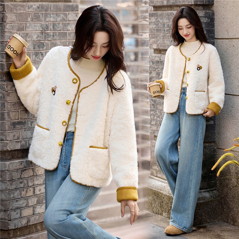 羊羔毛外套女2025秋冬季新款巨好看的韩系小香风短款chic皮毛一体，女装羊羔毛/颗粒绒，依如秀(原杭风阁)