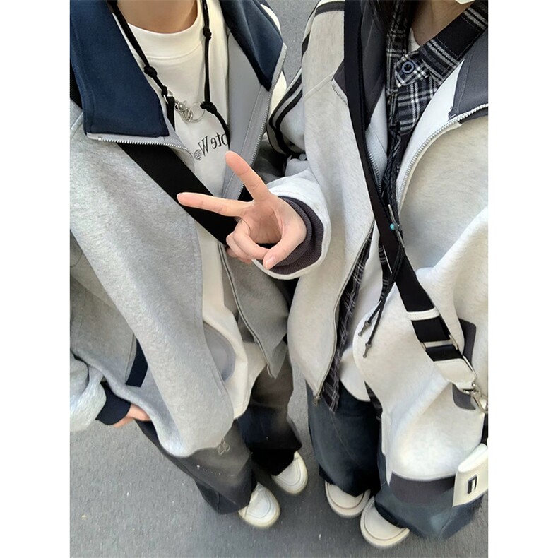 抖音得物高品质26春装美式高街重磅结构拼接织带立领卫衣外套CM42图片