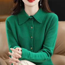 特价清仓羊绒开衫女polo领短款外搭宽松加厚长袖毛衣翻领针织外套，女装针织衫/毛衣，大美人包芯纱店