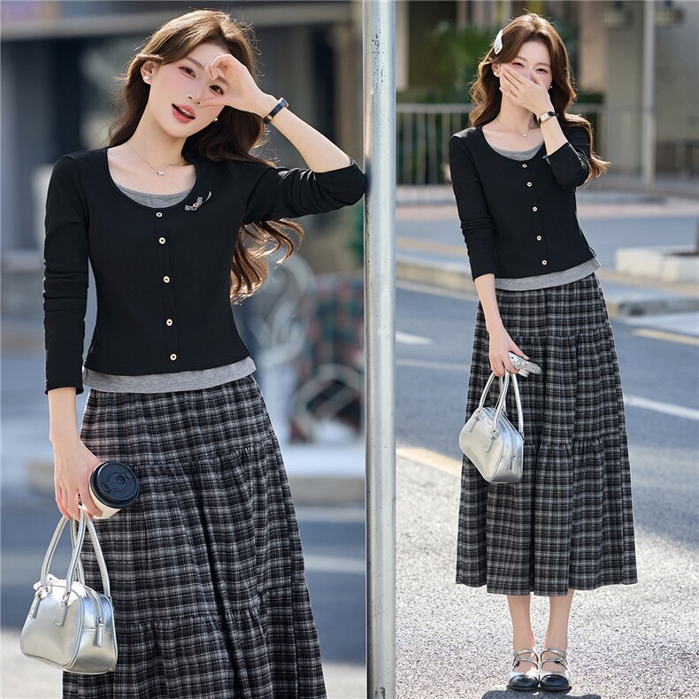 小香风长袖时尚套装裙女2026春秋款气质显瘦气质格纹半身裙两件套，女装套装/套裙，意芙