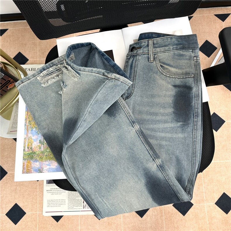美式高街泼墨牛仔裤男宽松水洗直筒休闲春秋款潮牌痞帅D8041/P50,男装牛仔裤,星座506B