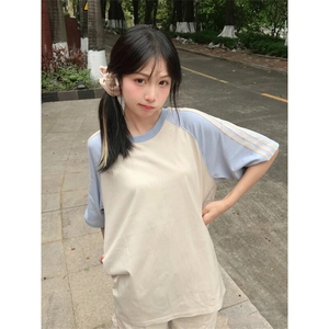抖音得物品质二开240克宽松纯棉美式潮牌插肩三杠织带短袖T恤图片