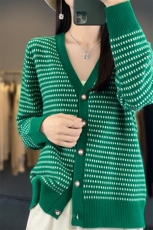 条纹V领单排扣针织开衫女秋冬新款宽松显瘦纯色羊毛外套，女装羊毛衫，佑昭祥羊绒