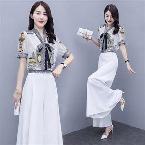 时尚新款两件套装女2021夏季数码印花套装阔腿裤图片
