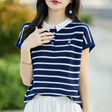 夏季小翻领精仿羊毛针织短袖t恤女条纹刺绣半袖无袖打底宽松上衣，女装T恤，暖烁羊绒