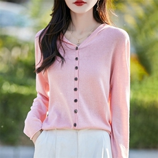 微透连帽针织开衫女长袖防晒衣2025新款无缝休闲天丝薄短外套上衣，女装T恤，暖烁羊绒