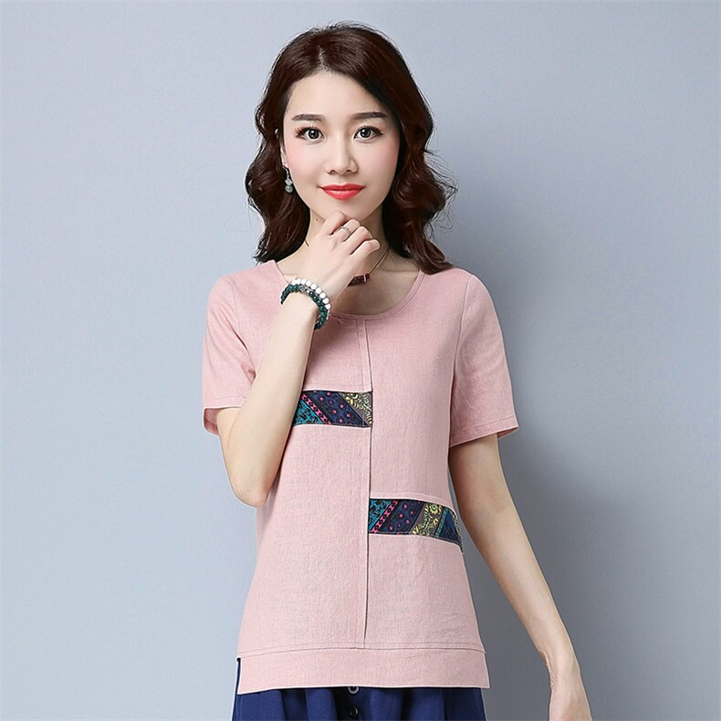 短袖修身2021年夏季创意拼接贴布圆领通勤几何图案T恤麻韩版，女装T恤，丽影随形