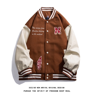 白底 2024秋季潮牌字母印花pu皮翻领棒球服夹克外套G642P85控108图片