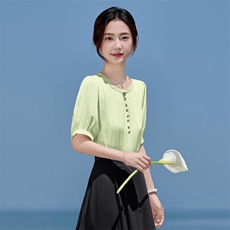 现货2025年夏季设计感圆领气质简约百搭显瘦遮肉衬衫，女装衬衫，火爆靓佳人