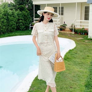 两件套装裙连衣裙女夏季2025年新款小香风高级感短袖蕾丝半身裙子图片