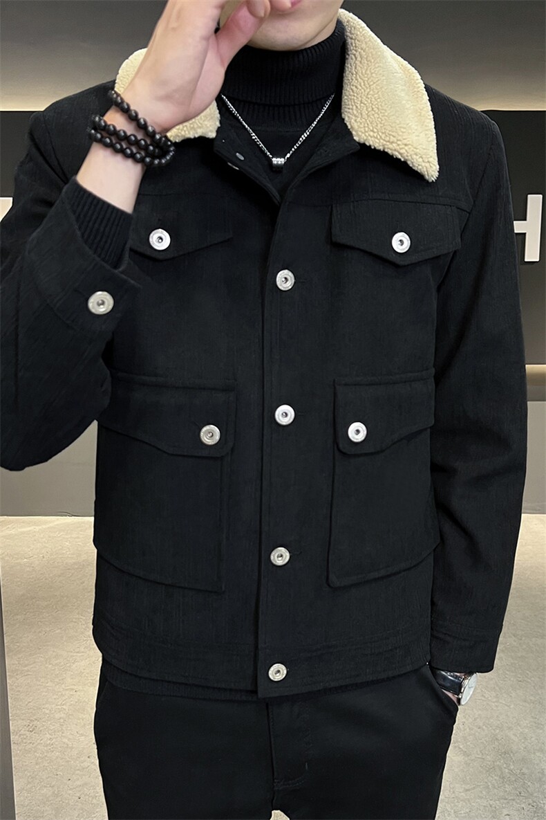 2022灯芯绒羊羔毛外套男秋冬季棉服加绒加厚毛领工装羊羔绒棉衣,男装棉衣,电商B248