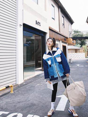 拼接撞色牛仔羊羔毛外套，女装，YOUER DENG