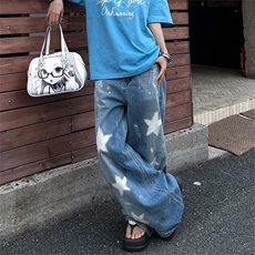 明星同款五角星印花牛仔裤男女街头潮牌宽松休闲百搭阔腿直筒长裤，男装牛仔裤，星座1210-1