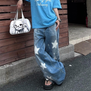 明星同款五角星印花牛仔裤男女街头潮牌宽松休闲百搭阔腿直筒长裤图片