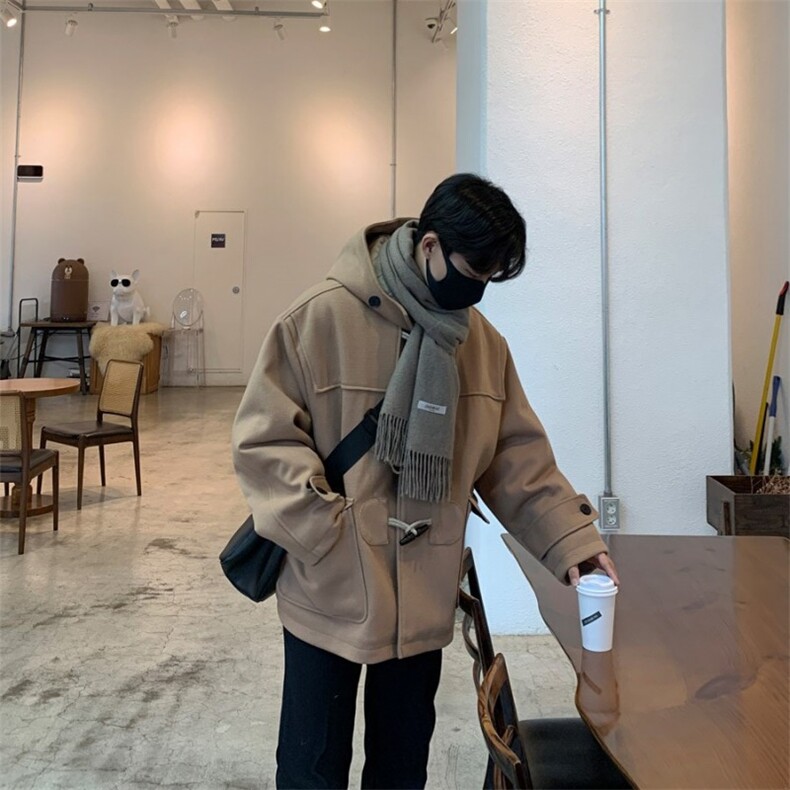 816B-DY1012-P160韩轻熟连帽牛角扣呢子大衣男休闲外套,男装毛呢大衣,星座816B