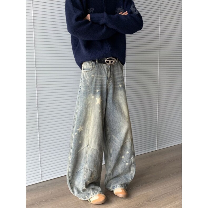 牛仔裤美式复古星星印花裤子宽松直筒水洗做旧阔腿裤,男装牛仔裤,星座1018A