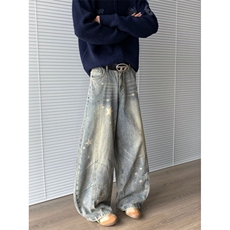 牛仔裤美式复古星星印花裤子宽松直筒水洗做旧阔腿裤，男装牛仔裤，星座1018A