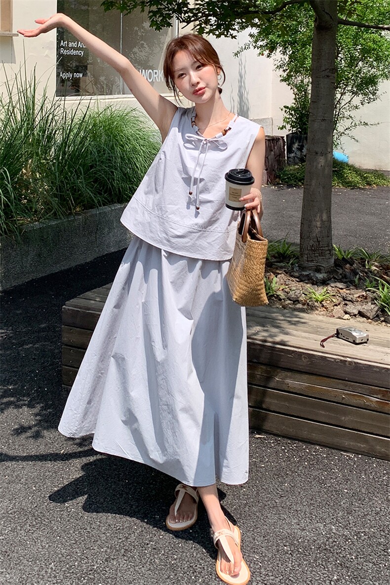 清冷系文艺风假两件无袖背心连衣裙女夏2025新款气质套装连身长裙,女装连衣裙,浙宝305