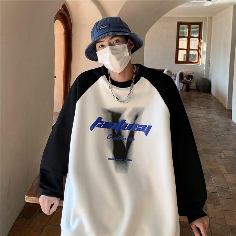2024春装重磅印花拼接长袖情侣卫衣宽松套头外套男H811P58,男装卫衣,电商A341