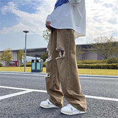 wassuphappy破洞牛仔裤男士春秋季夏款复古休闲裤子痞帅直筒长裤，男装牛仔裤，星座1008-2