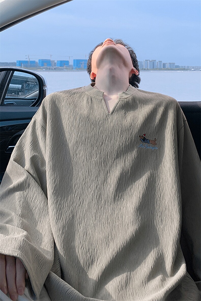 港风宽松打底衫腊肠狗刺绣肌理感V领长袖T恤男T51122-特P28控48,男装T恤,电商A001