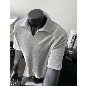 25美式 老钱风麦穗v领短袖T恤衫翻领polo衫男 H1071特P38图片