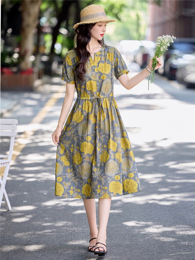 气质玫瑰印花棉麻连衣裙女2026夏季新款洋气减龄休闲收腰显瘦裙子,女装连衣裙,倪叶myz