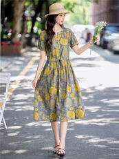 气质玫瑰印花棉麻连衣裙女2026夏季新款洋气减龄休闲收腰显瘦裙子，女装连衣裙，倪叶myz