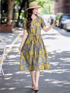 气质玫瑰印花棉麻连衣裙女2026夏季新款洋气减龄休闲收腰显瘦裙子图片