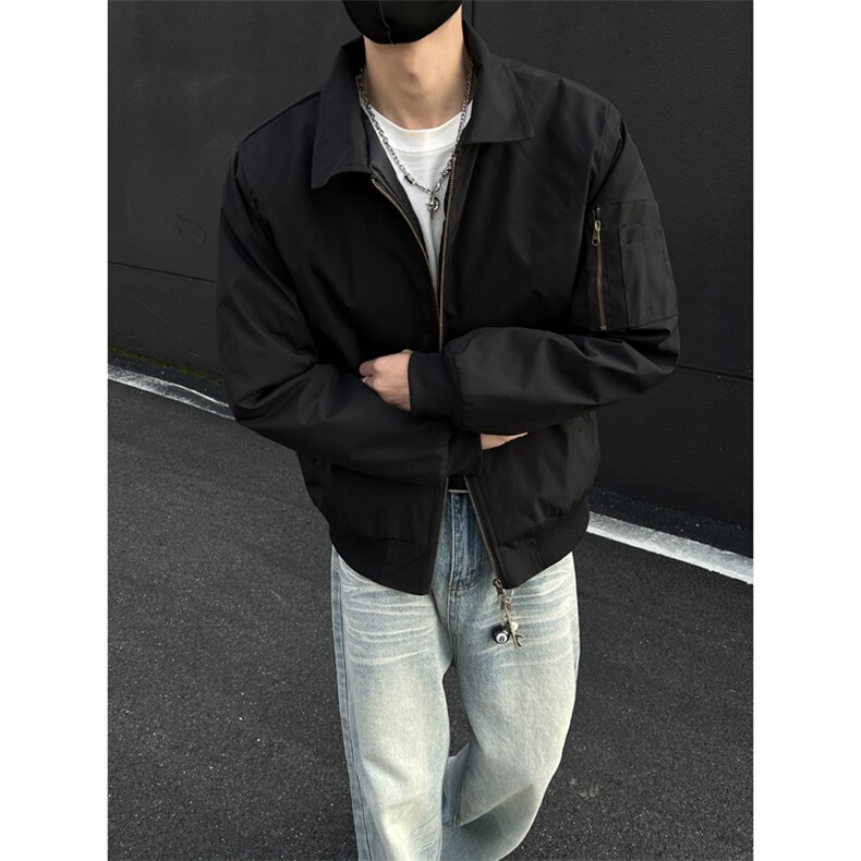 黑色休闲夹克男生秋季复古翻领长袖外套高级感cleanfit修身上衣服,男装夹克,电商B371