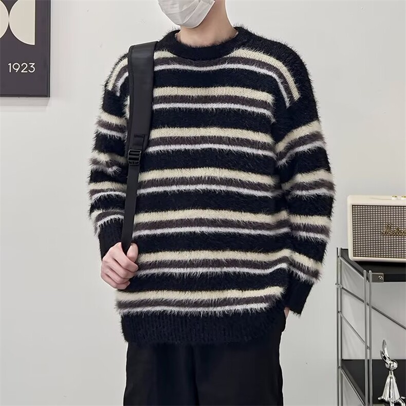 春秋新款圆领条纹海马毛薄款毛衣针织衫男女款打底衫休闲宽松，男装针织衫/毛衣，星座1013