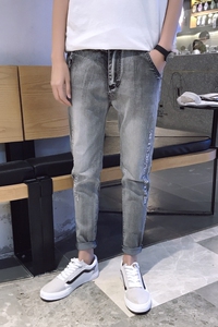 2021春秋季新款男士潮流个性牛仔裤九分裤青年黑色小脚裤男图片