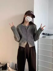 安哥拉红~秋冬衫女圆领麻花开衫显瘦短款毛衣外套针织羊毛衫，女装羊毛衫，恒恩羊绒