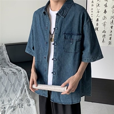 日系刺绣短袖衬衫夏季情侣款竖条纹宽松休闲衬衣男，男装衬衫，星座716-3