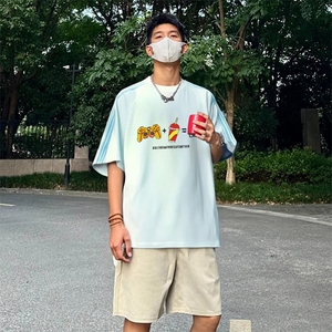 抖音得物品质二开240克宽松纯棉美式潮牌印花三条杠中性风短袖T恤图片