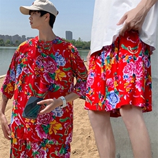 Z1休闲风男士大码透气大花凉爽T恤七分袖衫短裤套装男女纱衣，男装T恤，星座115A(原星座507）