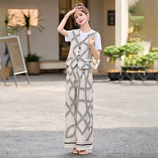 复古印花棉麻套装女夏2025新款洋气无袖马甲短袖T恤阔腿裤三件套，女装套装/套裙，布芭啦