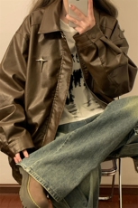 中性美式复古四芒星纽扣可拆卸胸针PU皮衣夹克男JK77771P85控118，男装夹克，星座227-7