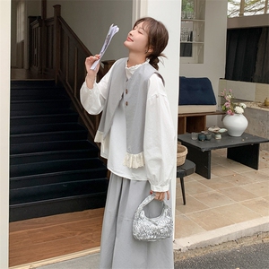 蕾丝拼接马甲阔腿裤套装女春2025新款两件套小香风打底衫三件套图片