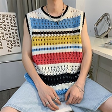 夏季背心新款宽松美式撞色条纹镂空马甲针织衫坎肩上衣男MA53-P35，男装背心/马甲，星座1008-1