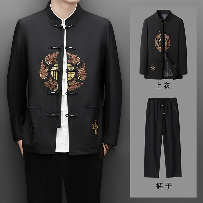 长期货高品质中老年风唐装春秋套装中式盘扣男士复古夹克,男装休闲套装,钱塘723
