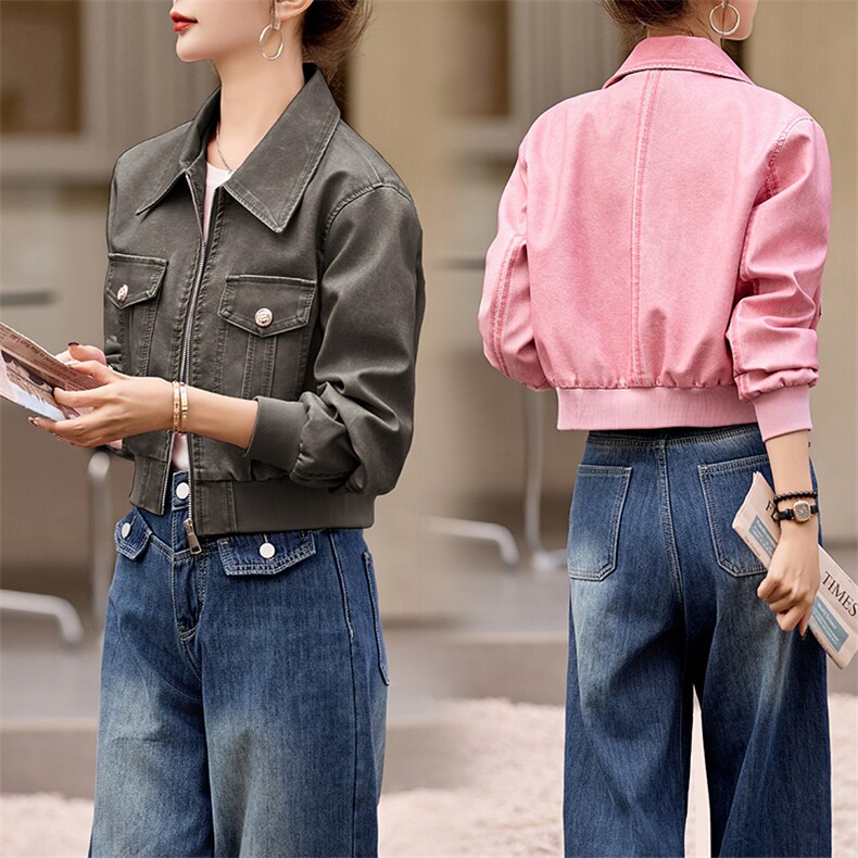 2024年春秋装新款彩色皮衣外套女士短款韩版宽松小个子长袖夹克潮，女装皮衣，江南女神