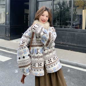 费尔岛风复古提花外套女2025冬新款加厚保暖羊羔绒皮毛一体短外套图片